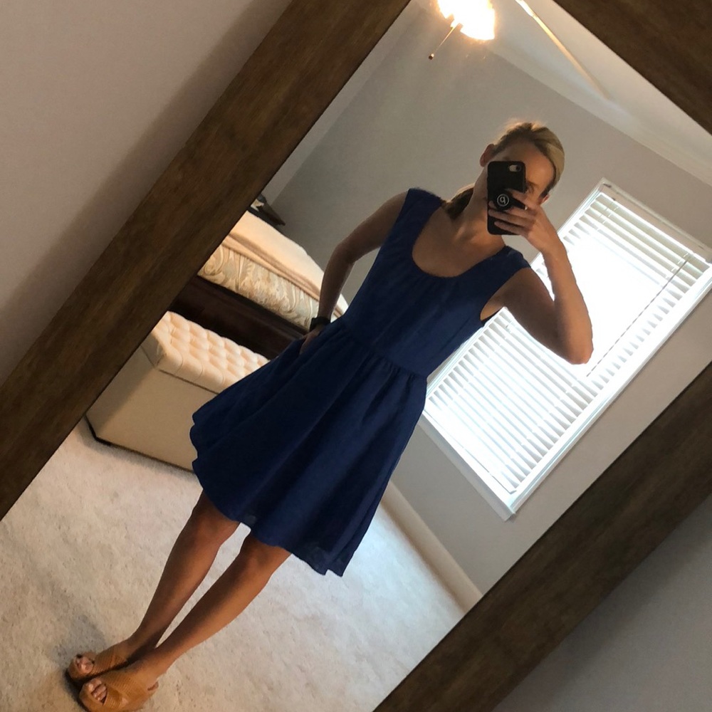 Blue linen cap sleeve dress